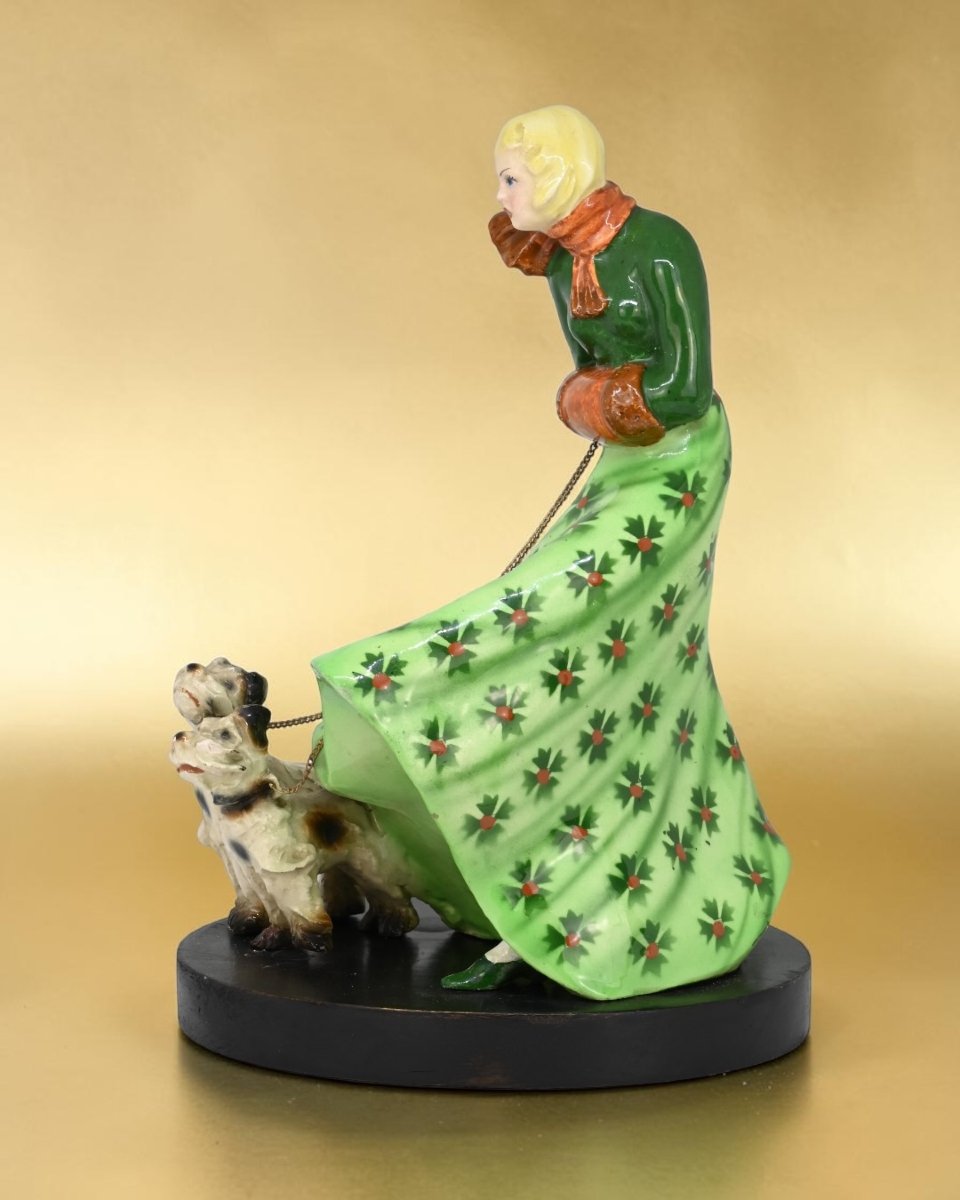 Figura di Donna Con Due Cani - Ceramica Policroma - Italia Anni 30-photo-1